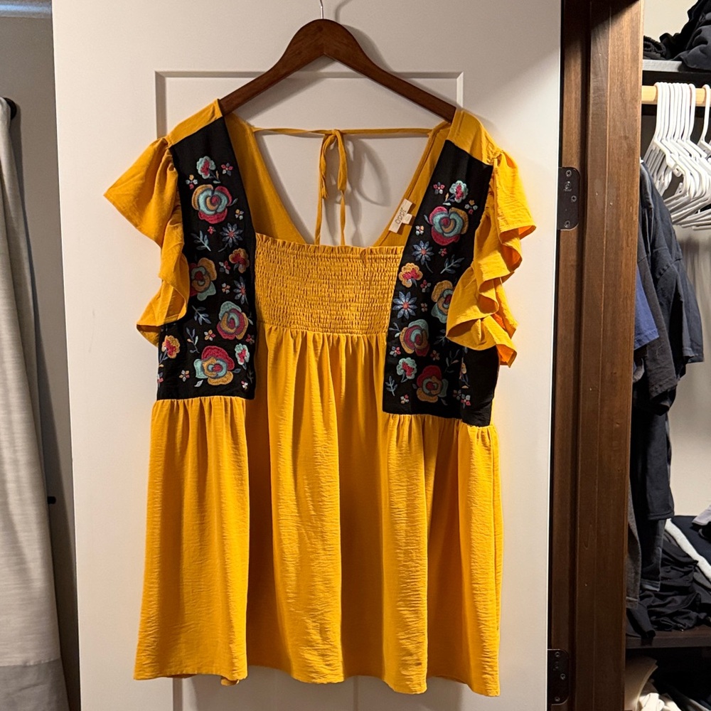 ODDY Yellow Floral Embroidered Blouse